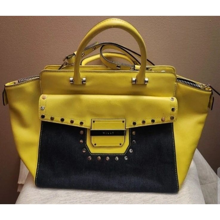 Milly Handbag Yellow Leather Dark Denim Canvas Panels With Studs